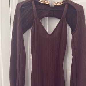 Brown Long-Sleeve V-Neck Maxi Dress